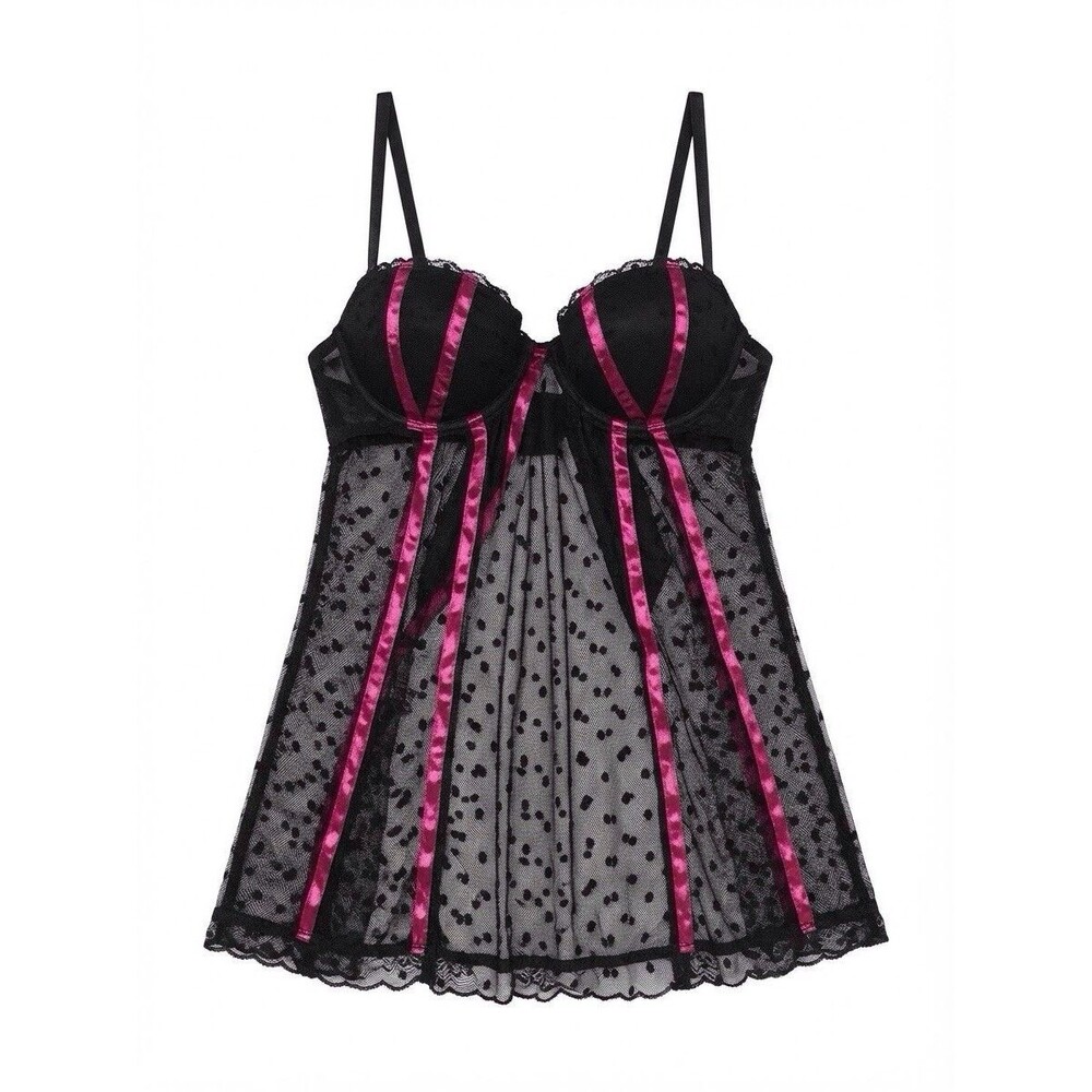 Victoria's Secret Sexy Little Things Babydoll 34B Black Pink Sheer Polka Dot